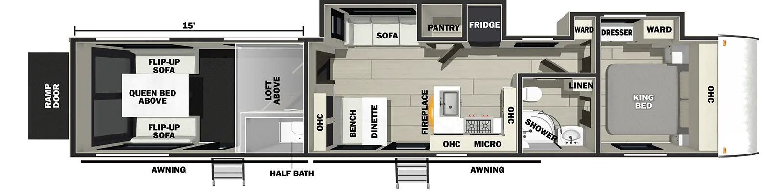 The 4007G2 has two slideouts and two entries. Exterior features a rear ramp door, and two 15 foot awnings. Interior layout front to back: foot-facing king bed with overhead cabinet and nightstands on each side, off-door side slideout with wardrobes and dresser, and door side TV prep; door side full pass through bathroom with linen closet; steps down to main living area; off-door side slideout with refrigerator, pantry, and sofa; kitchen counter with overhead cabinet wraps from inner wall to door side with cooktop, and microwave, and continues to wrap to peninsula with sink; door side entry, bench with dinette, and wall insert with top; rear garage area with half bathroom, loft, second entry, and opposing rear flip-up sofas with raised queen bed above. Garage dimensions: 14 foot 6 inches from rear to main living area.